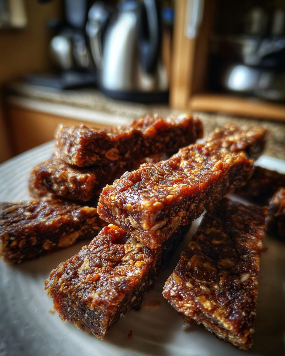 Close-up of a pile of Beef and Oatmeal Long-Lasting Treat Sticks on a white plate.