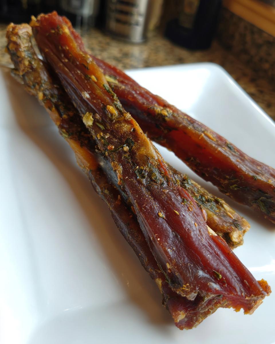 Close-up of several Beef and Parsley Fresh Breath Chew Sticks on a white plate.
