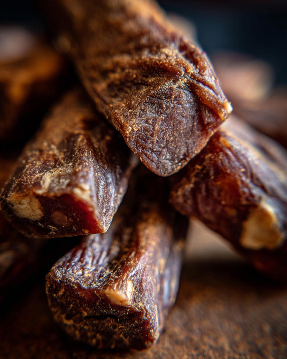 Close-up of several Beef and Peanut Butter Dog Chew Sticks, showing texture and detail.