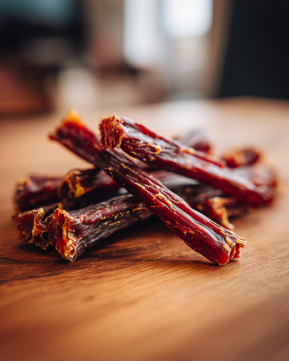 Close-up of homemade beef and potato dog chews on a wooden surface.