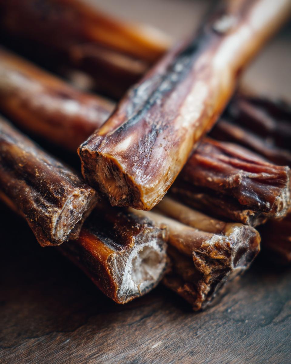 Close-up of several beef and potato dog chews on a wooden surface, showing texture and detail.