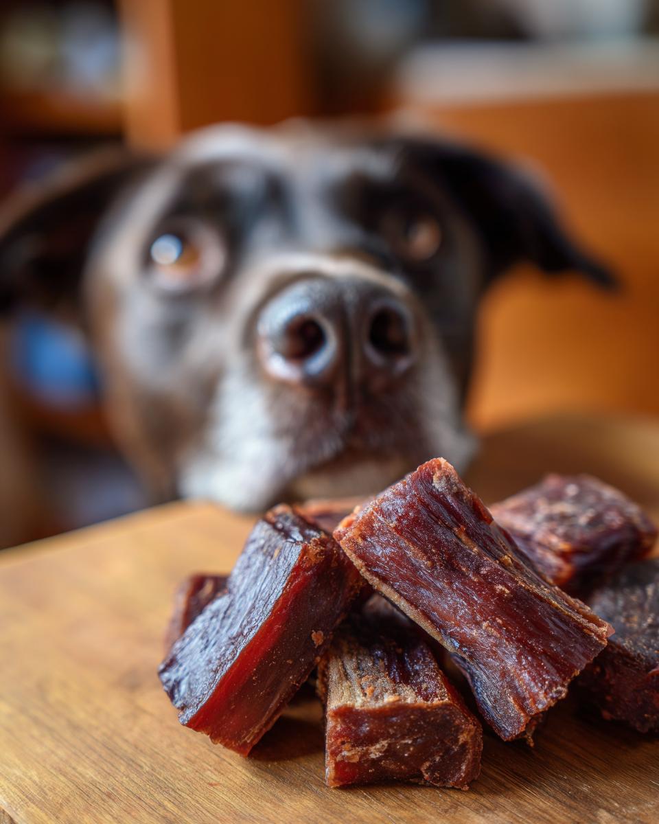 A dog looking at a pile of homemade Beef and Potato Dog Chews on a wooden board.