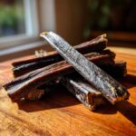 Close-up of a pile of homemade Beef and Potato Dog Chews on a wooden surface.