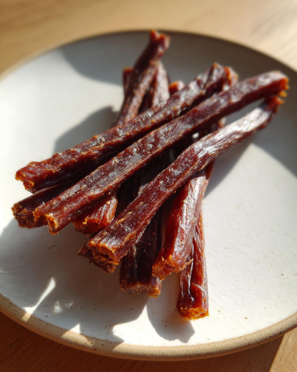 Close-up of homemade Beef and Pumpkin Chewy Dog Treat Sticks on a white plate, perfect dog treats.