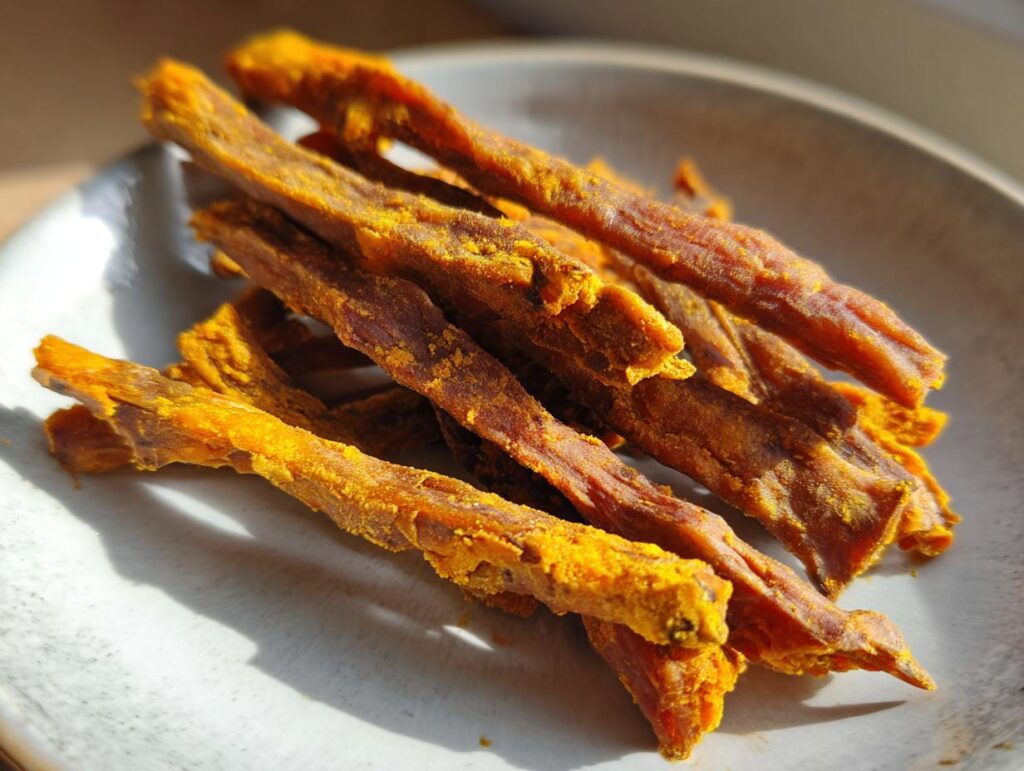 Close-up of a pile of Beef and Pumpkin Chewy Dog Treat Sticks on a plate, with a focus on texture and color.