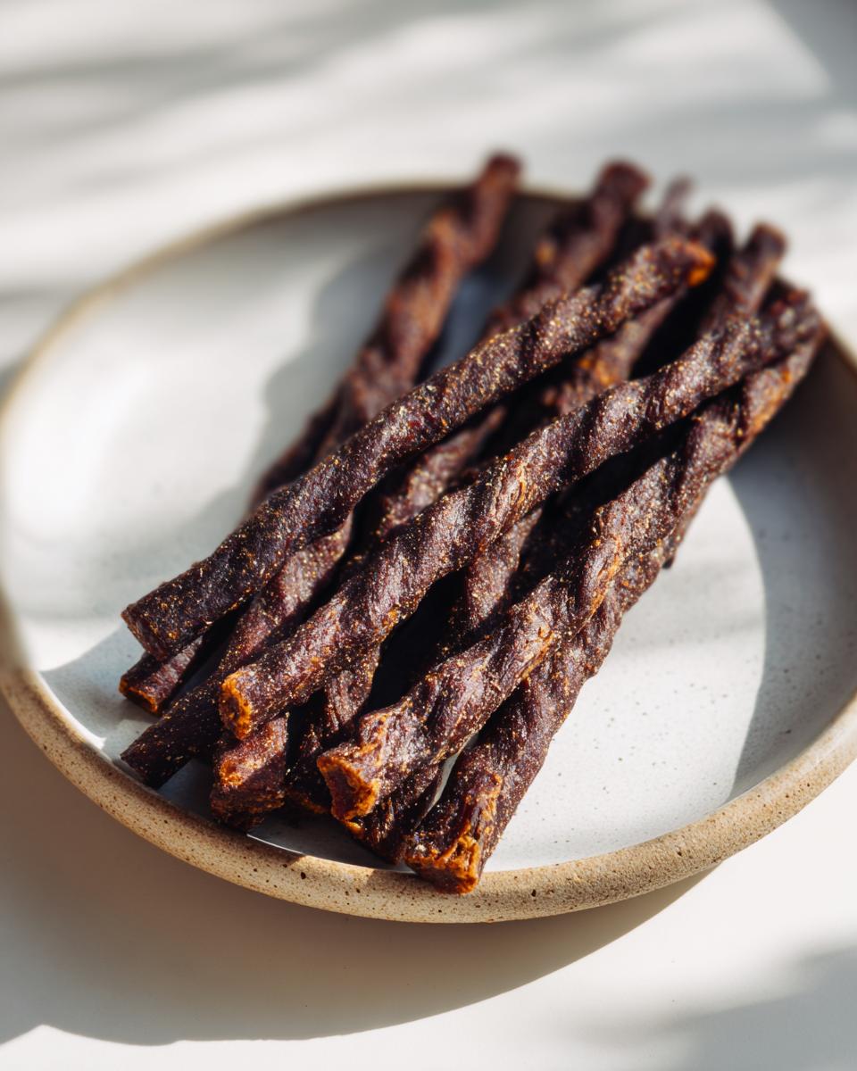 Close-up of Beef and Pumpkin Chewy Dog Treat Sticks on a plate, perfect homemade dog treats.
