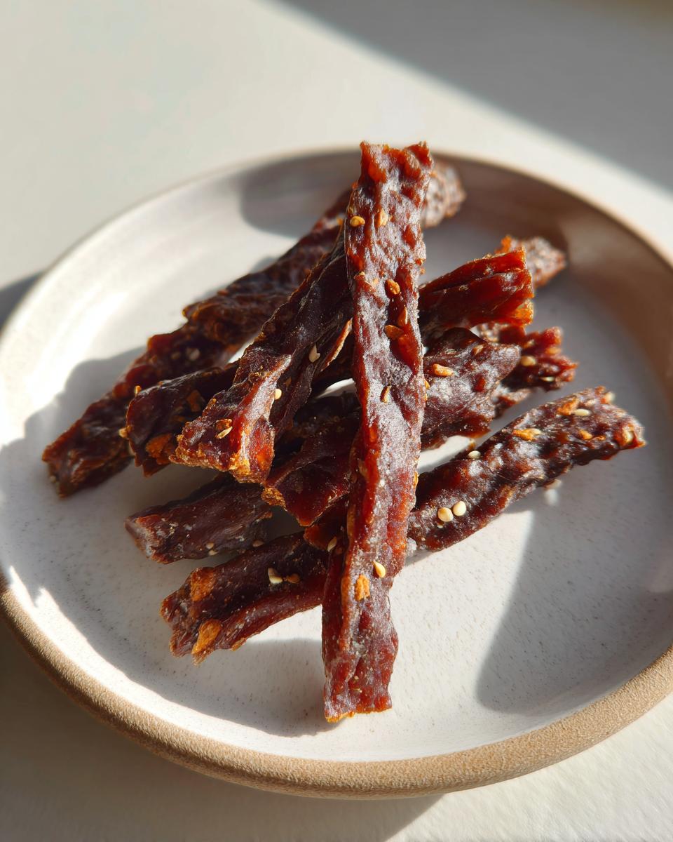 Close-up of Beef and Pumpkin Chewy Dog Treat Sticks on a plate, showing texture and detail.