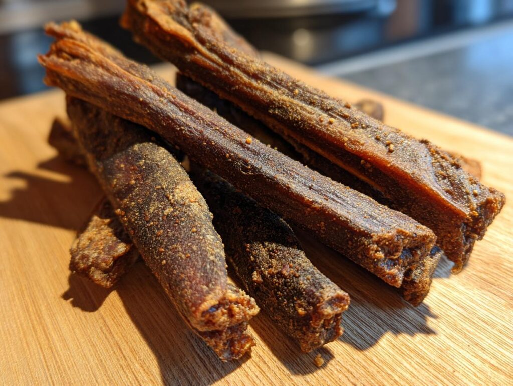 Close-up of several homemade Beef and Quinoa Protein Dog Chews on a wooden board.