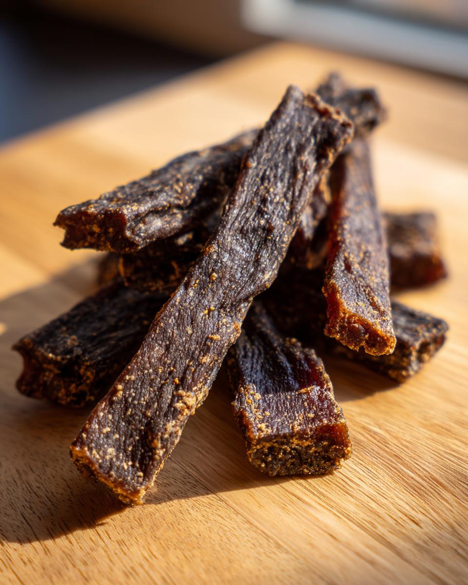 Close-up of a pile of homemade Beef and Quinoa Protein Dog Chews on a wooden surface.