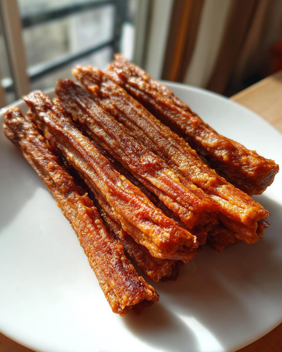 Close-up of homemade Beef and Spinach Crunchy Dog Sticks on a white plate, perfect dog treat.