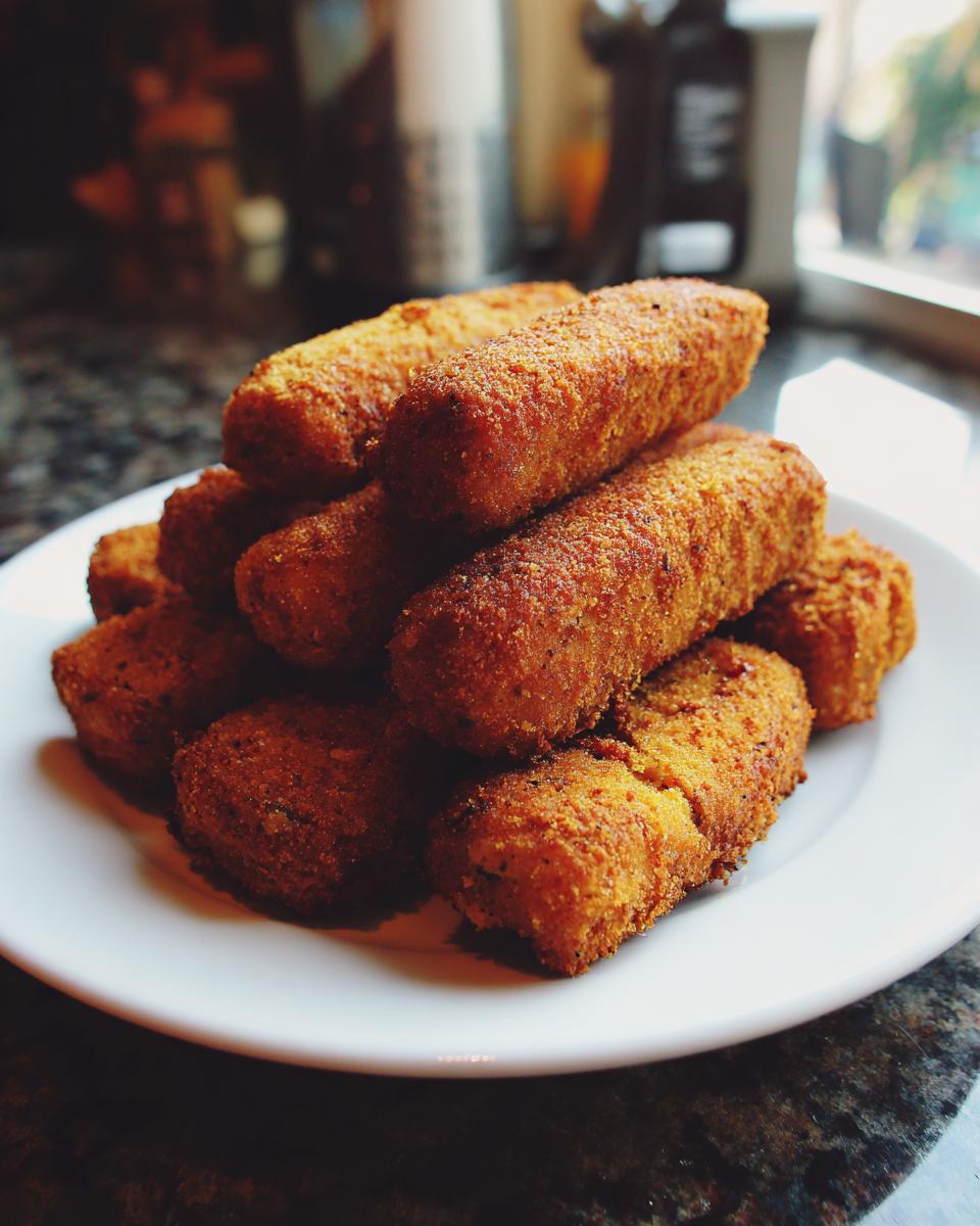A stack of golden-brown Beef and Spinach Crunchy Dog Sticks on a white plate.