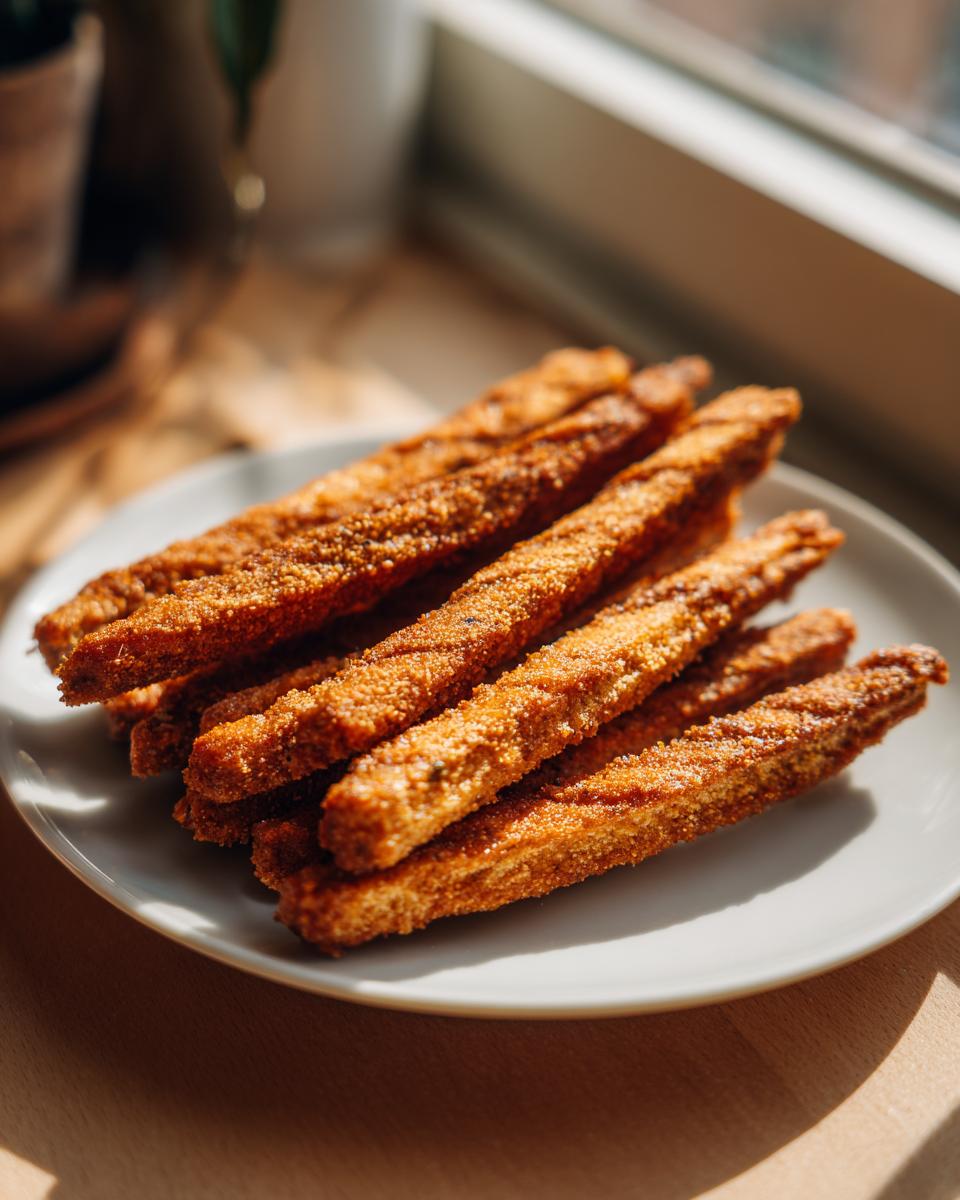 A plate of golden-brown Beef and Spinach Crunchy Dog Sticks, ready to be enjoyed by a dog.