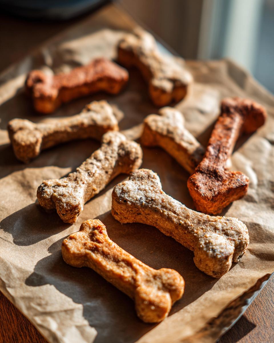 Bone-shaped Beef & Zucchini Baked Dog Chews on parchment paper, perfect for your dog.