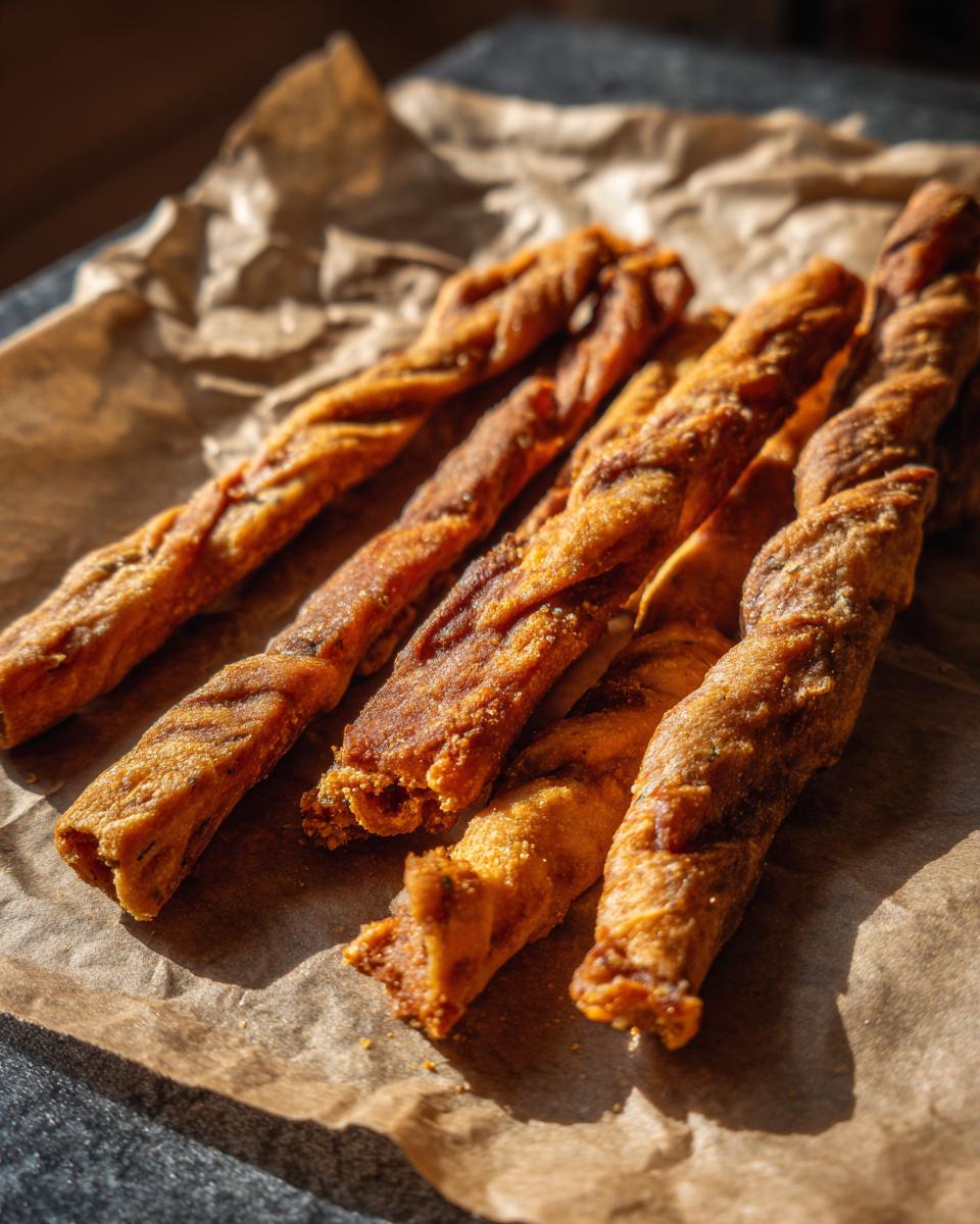 Close-up of baked Beef & Zucchini Dog Chews on parchment paper.