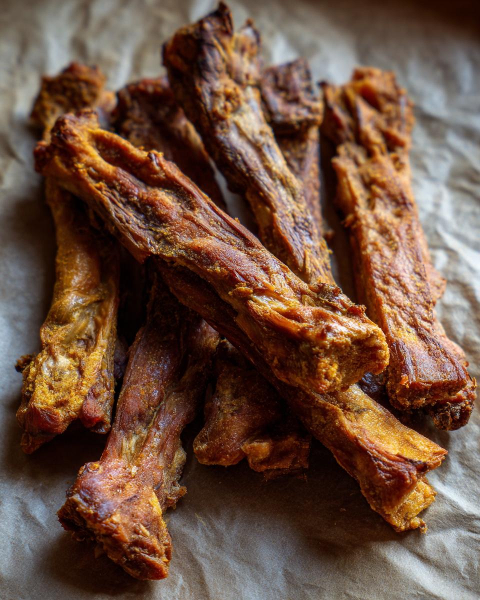 Close-up of a pile of homemade Beef & Zucchini Baked Dog Chews on parchment paper.