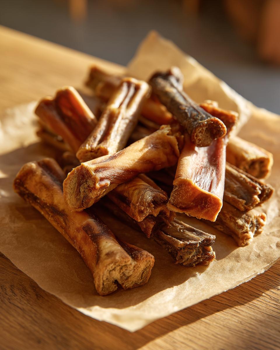 Close-up of a pile of homemade Beef & Zucchini Baked Dog Chews on parchment paper.