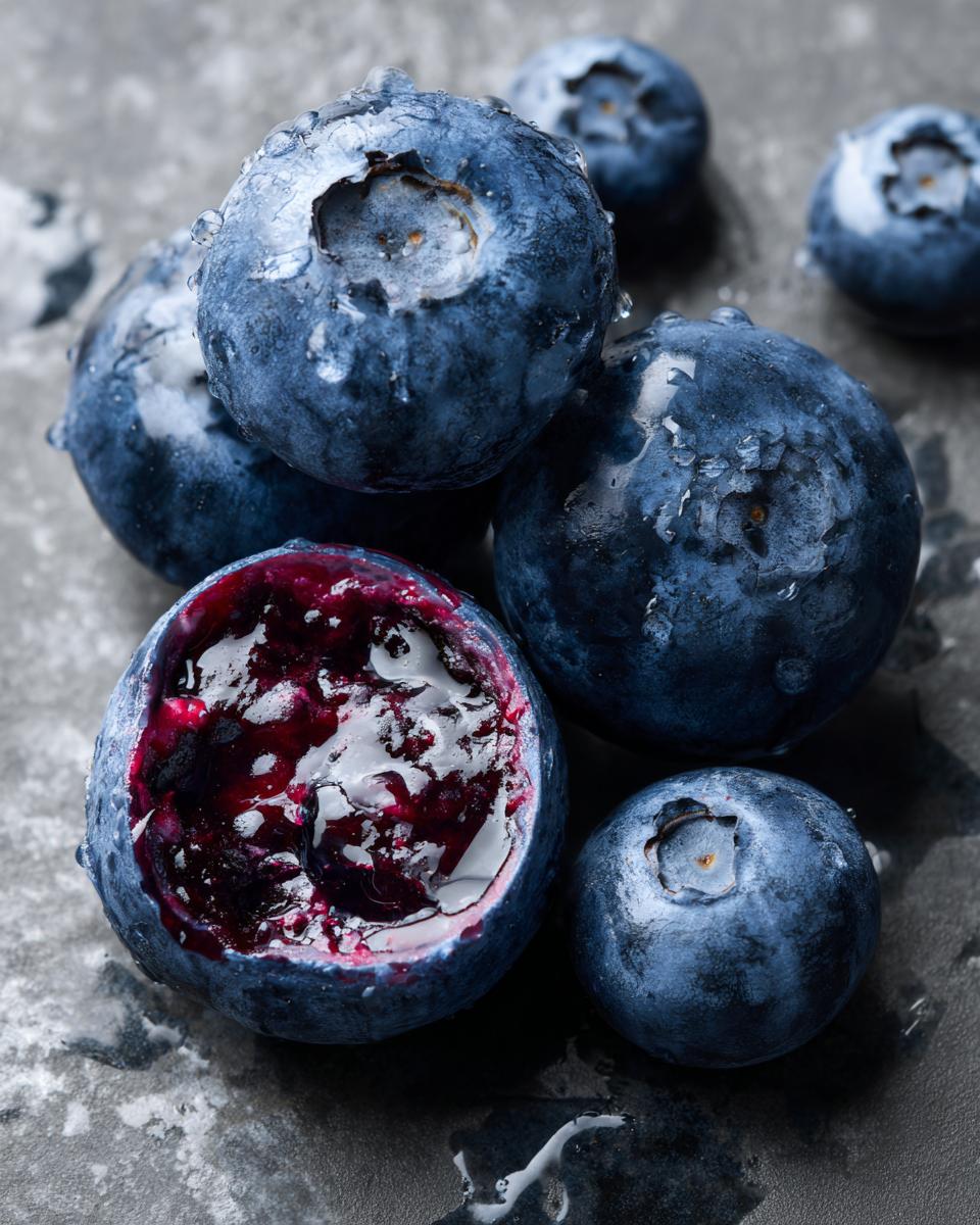 Close-up of fresh blueberries, one cut open, for making Blueberry Plain Yogurt Frozen Dog Bite Drops.