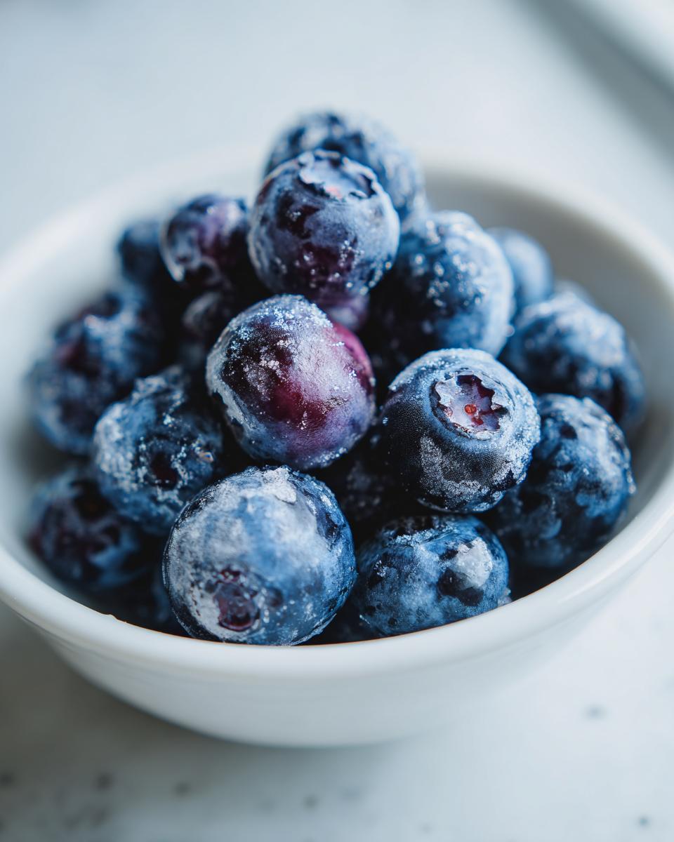 Close-up of fresh blueberries in a white bowl, perfect for making Yogurt Blueberry Frozen Dog Drops.