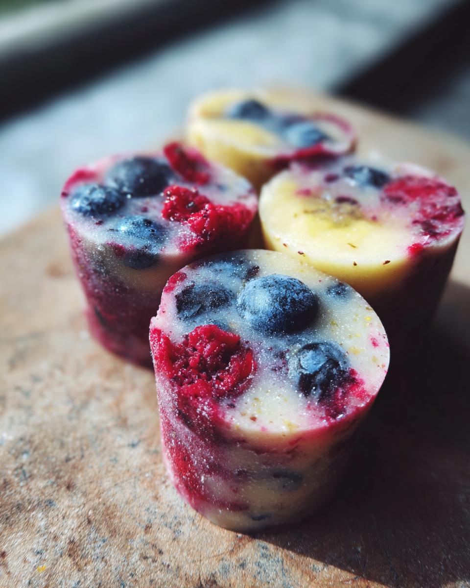 Close-up of frozen Blueberry Banana Dog Smoothie Bites with blueberries and raspberries.