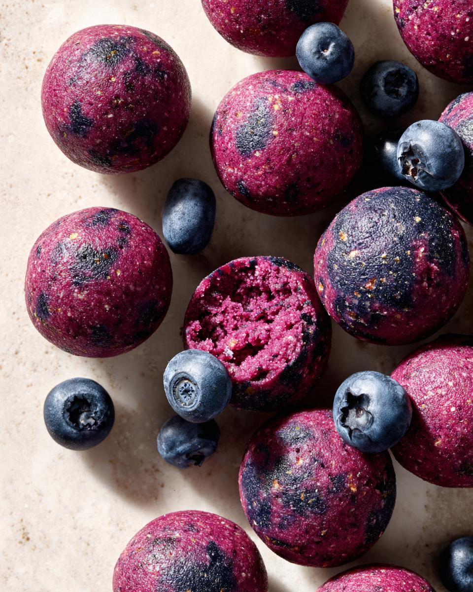 Overhead shot of Blueberry Banana Frozen Dog Smoothie Bites with fresh blueberries.