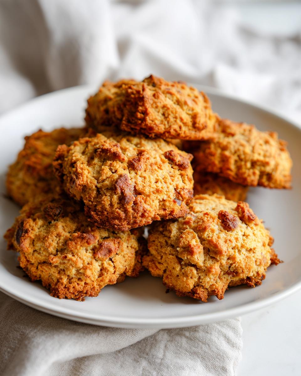 Pile of freshly baked blueberry banana dog treat biscuits on a white plate, ready to be enjoyed.