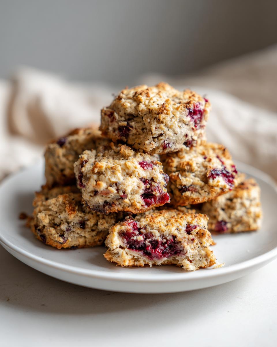 Pile of homemade Blueberry Banana Dog Treat Biscuits on a white plate, close-up.