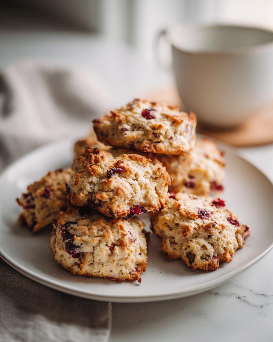 Pile of freshly baked blueberry banana dog treat biscuits on a white plate.