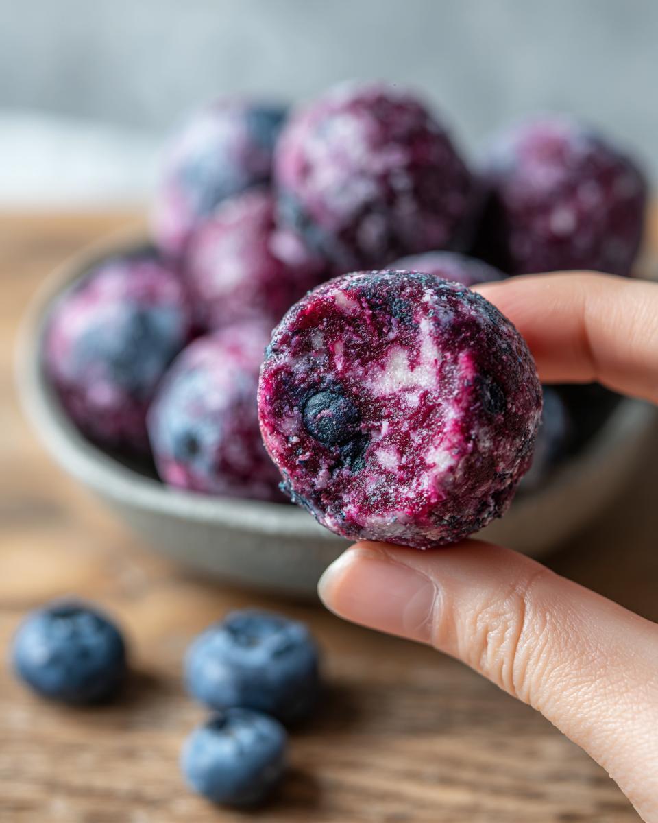 Close-up of a Blueberry Banana Frozen Dog Smoothie Bite held between fingers, with more bites in a bowl.