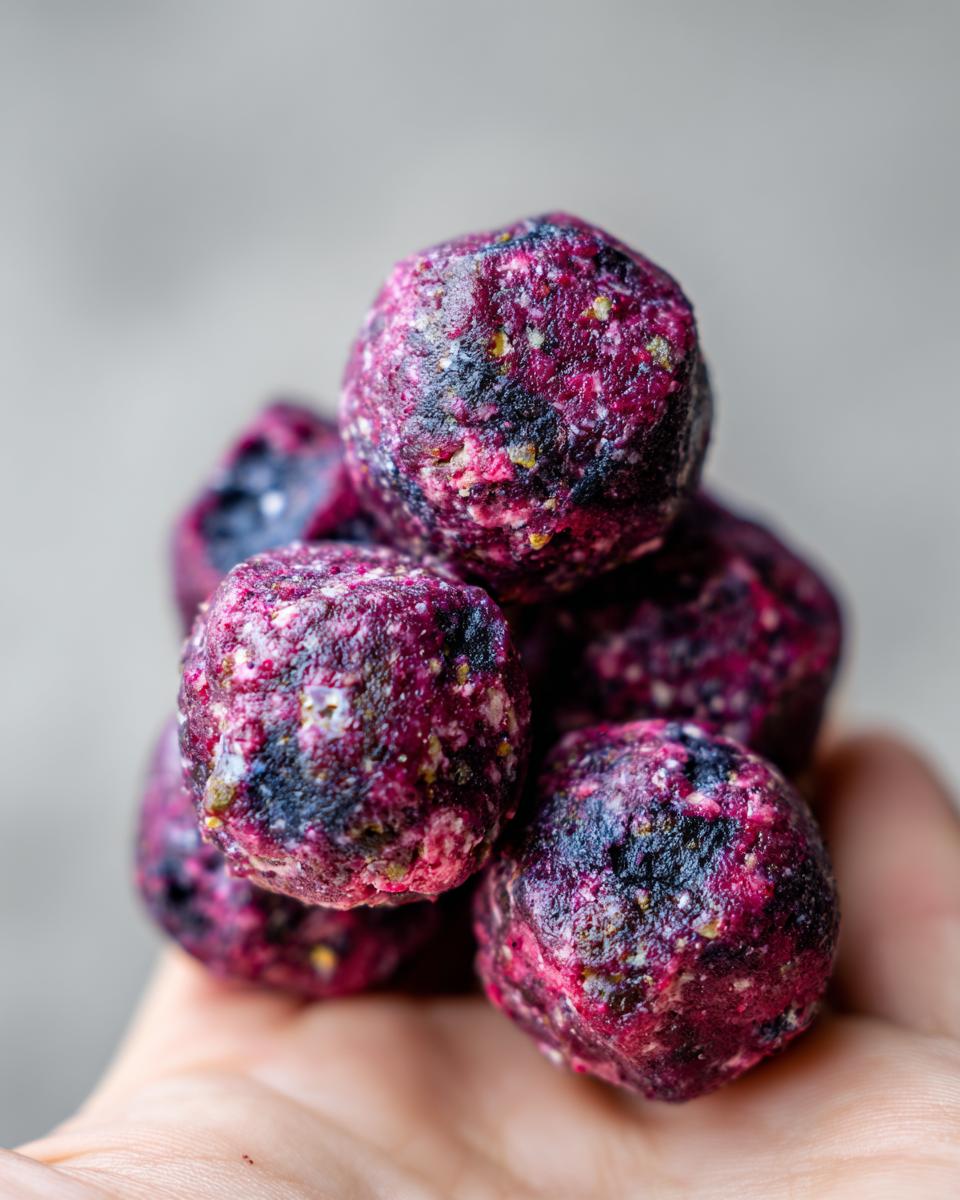 Close-up of a pile of Blueberry Banana Frozen Dog Smoothie Bites, perfect dog treats.