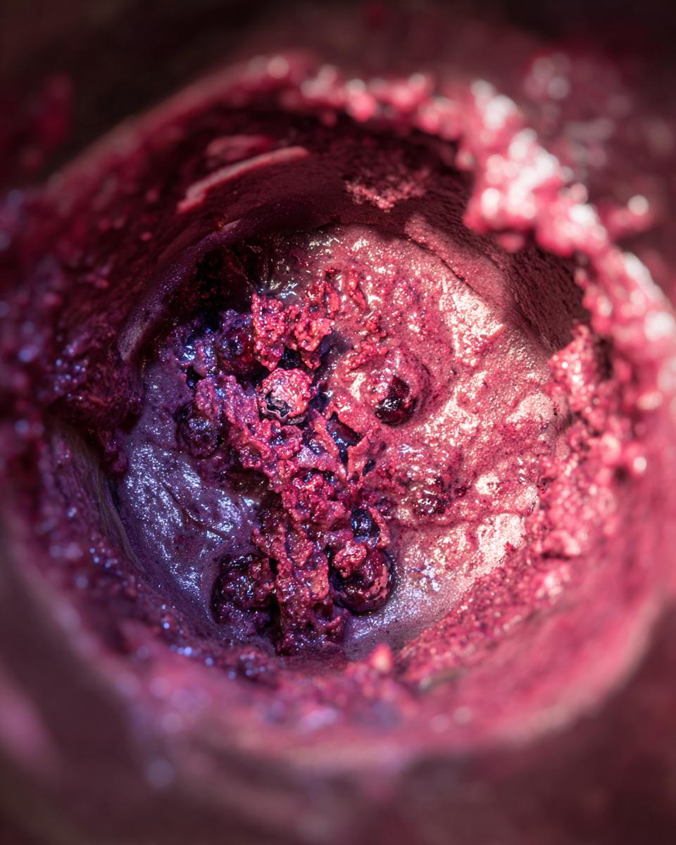 Close-up of a Blueberry Banana Homemade Pup Smoothie Treat with blueberries.