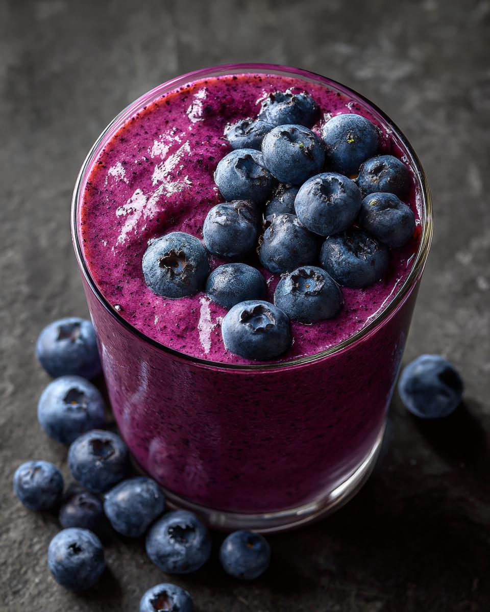 Close-up of a Blueberry Banana Homemade Pup Smoothie Treat in a glass, garnished with blueberries.