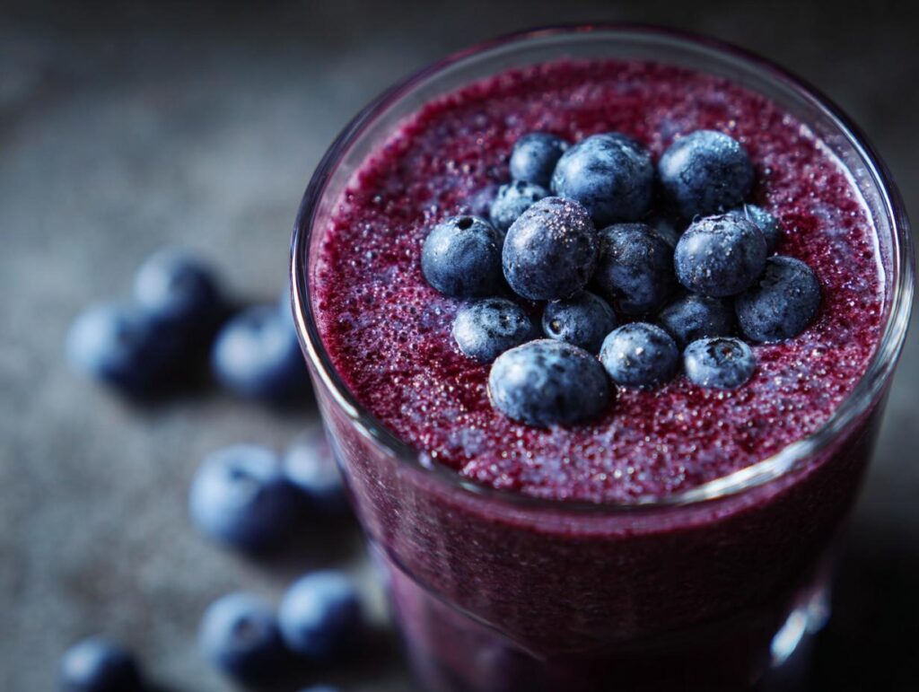 Close-up of a Blueberry Banana Homemade Pup Smoothie Treat in a glass, topped with fresh blueberries.