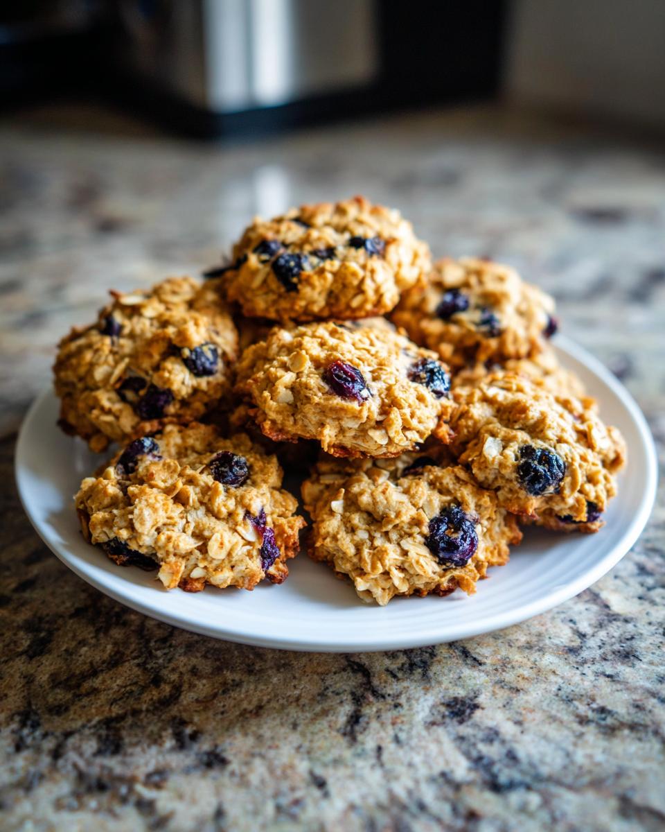 Pile of homemade Blueberry Oat Crunch Dog Cookies on a white plate, ready for your pup.