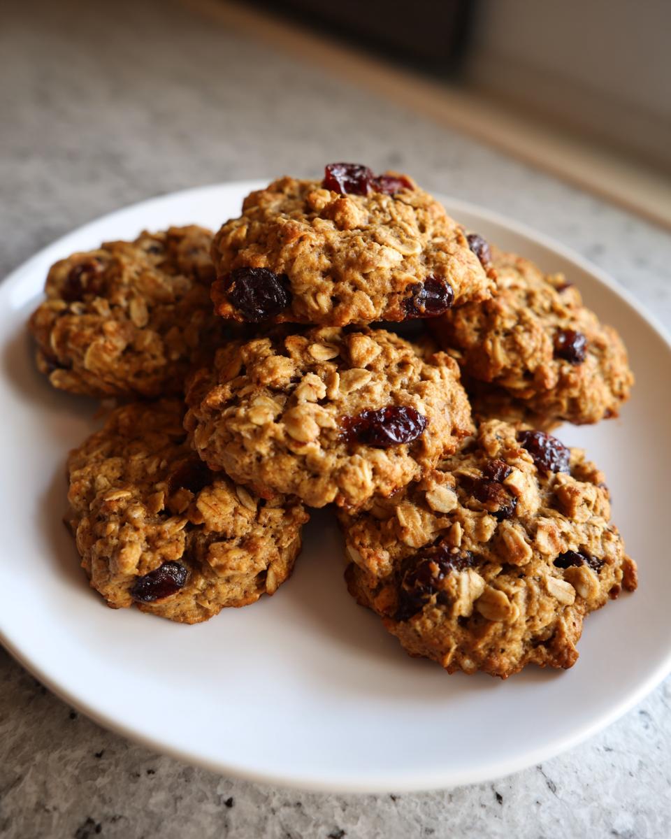 Pile of freshly baked Blueberry Oat Crunch Dog Cookies on a white plate, ready to enjoy.