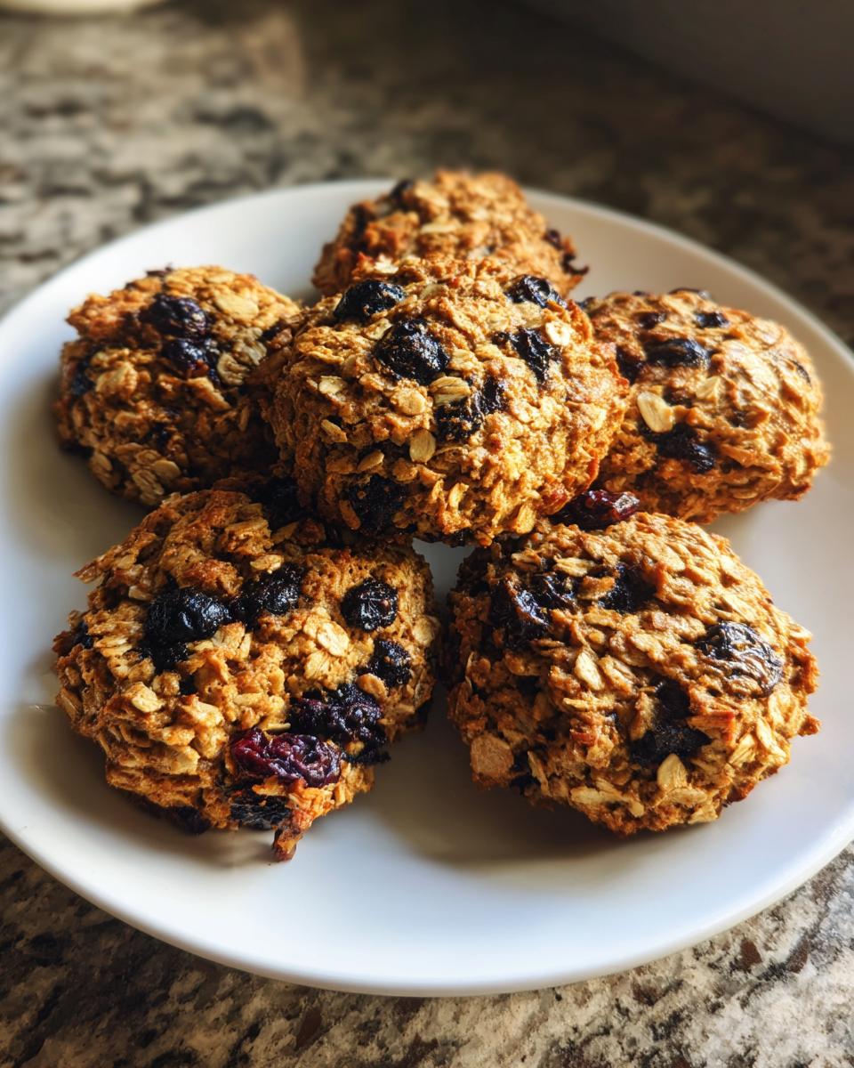 Close-up of a plate of Blueberry Oat Crunch Dog Cookies, a healthy treat for dogs.