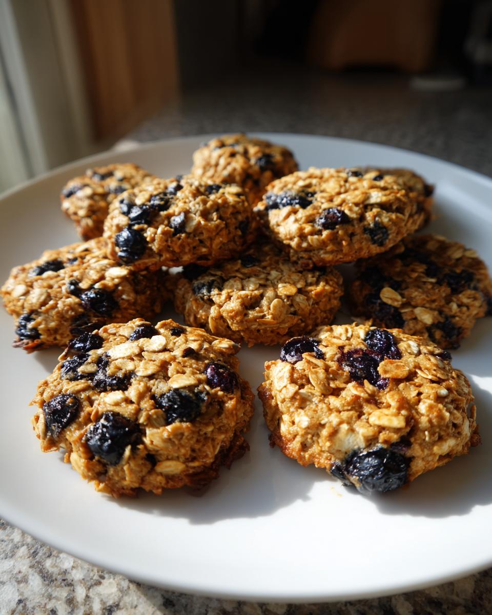 A plate of homemade Blueberry Oat Crunch Dog Cookies, a healthy treat for dogs.