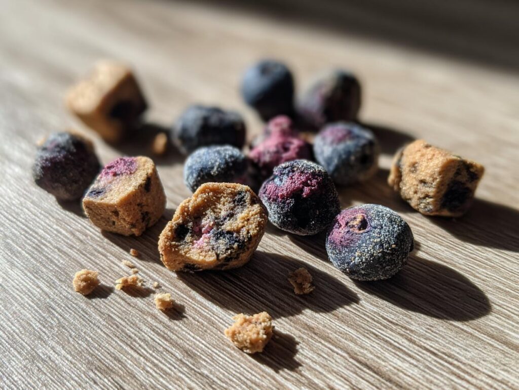Close-up of Blueberry Oat Dog Training Bite Minis, showing blueberries and oat-based treats on a wooden surface.