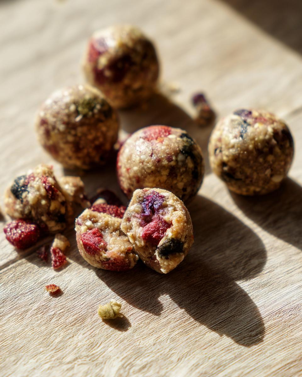 Close-up of Blueberry Oat Dog Training Bite Minis, showing texture and ingredients.