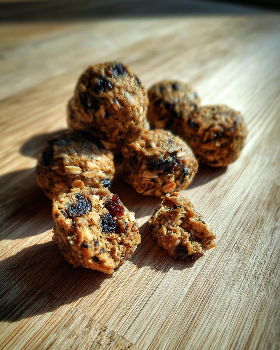 Close-up of several Blueberry Oat Dog Training Bite Minis on a wooden surface, showing texture and ingredients.