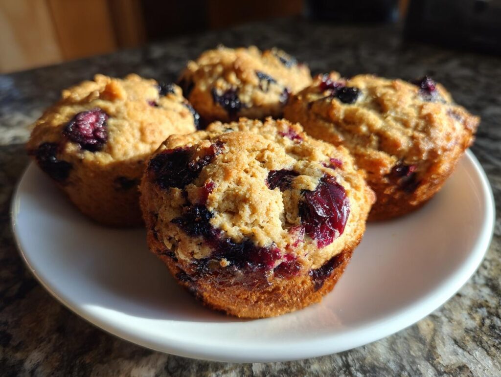 Close-up of four homemade Blueberry Peanut Butter Dog Treats on a white plate.
