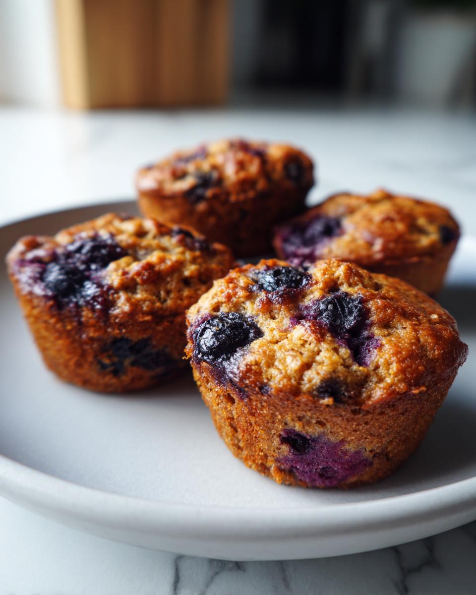 Close-up of four Blueberry Peanut Butter Dog Treats on a plate, with blueberries visible.