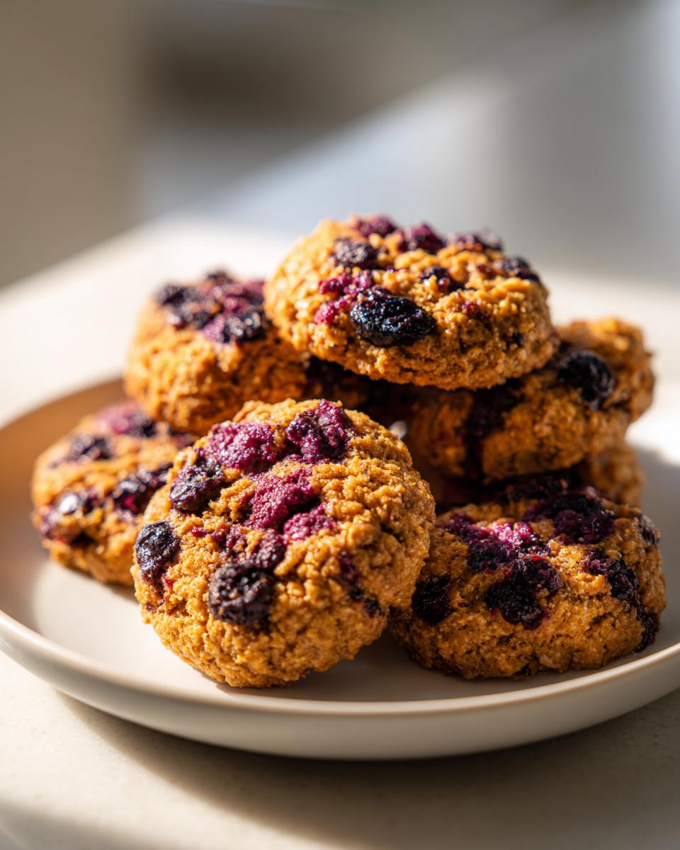Close-up of a stack of Blueberry Peanut Butter Dog Treats on a plate, showing the treats' texture and ingredients.