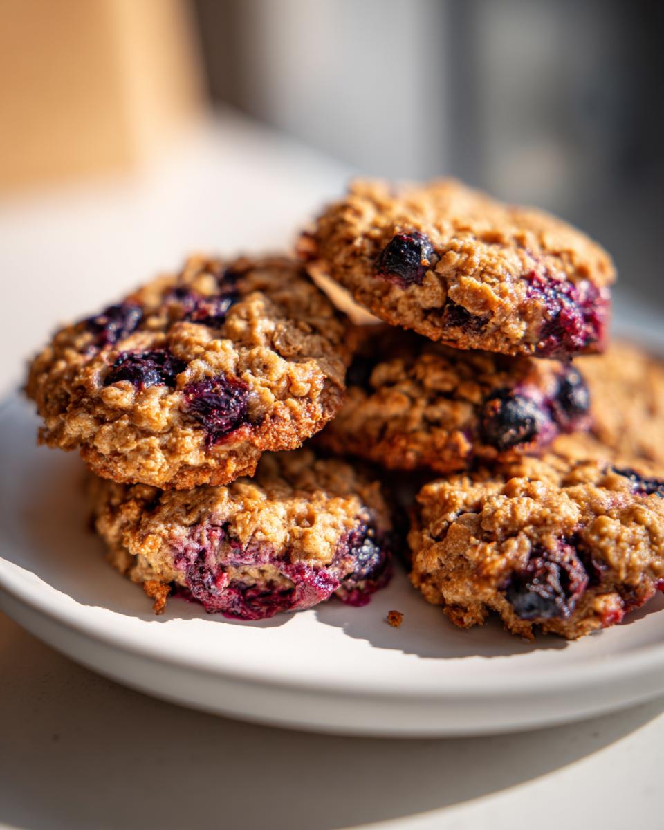 Close-up of a stack of homemade Blueberry Peanut Butter Dog Treats on a white plate.