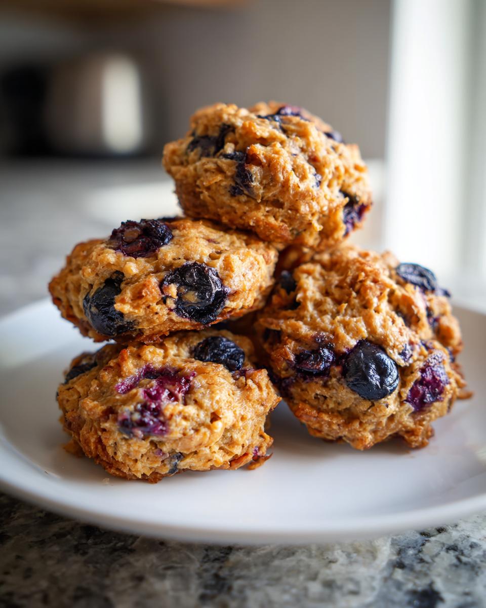 Close-up of a stack of homemade Blueberry Peanut Butter Dog Treats on a white plate.