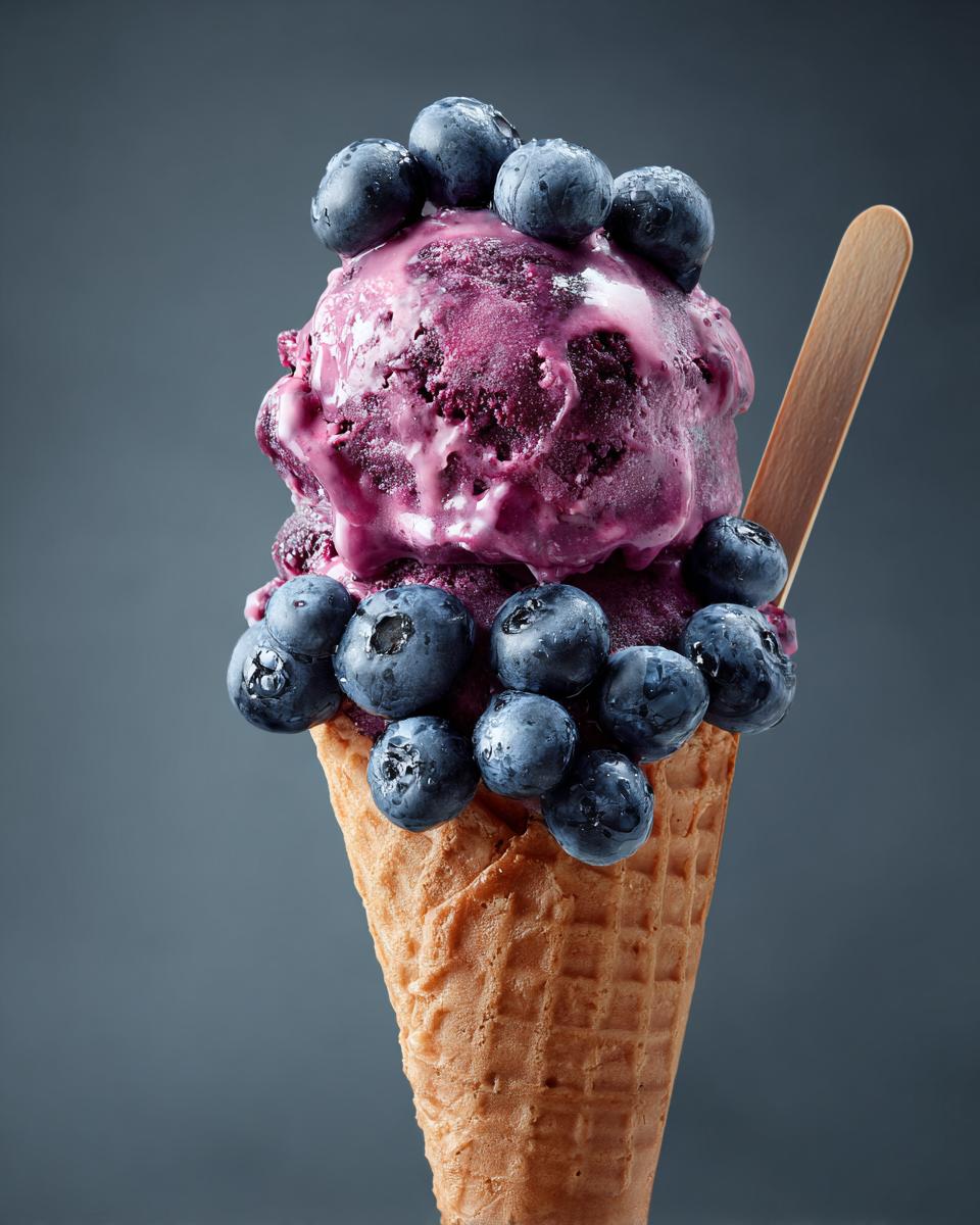 A scoop of blueberry yogurt frozen dog bite drops in a waffle cone, topped with fresh blueberries.