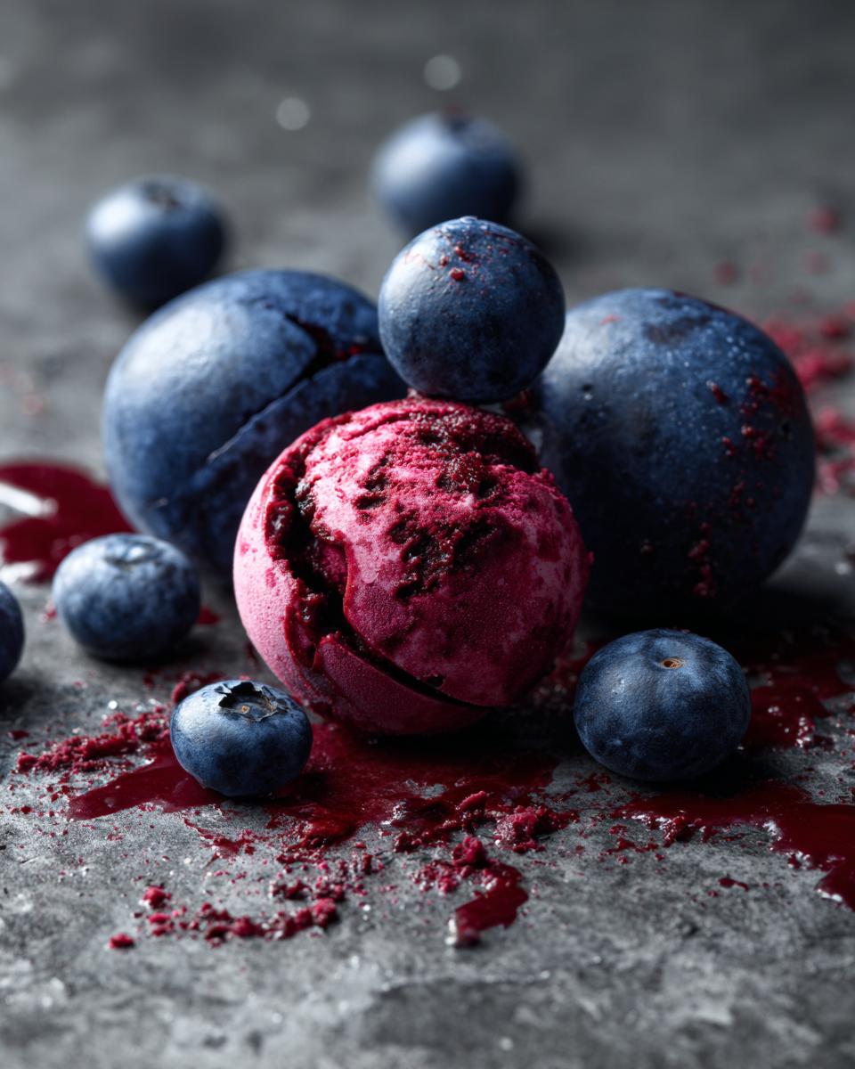 Close-up of Blueberry Plain Yogurt Frozen Dog Bite Drops with fresh blueberries.