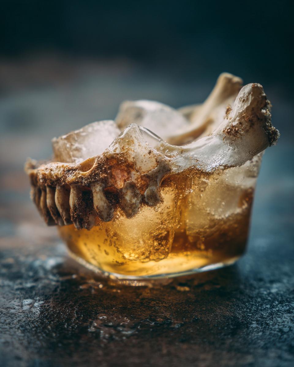 A glass with bone broth ice cubes for dogs and a bone fragment.