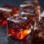 Close-up of several bone broth ice cubes for dogs, showing their rich color and texture.