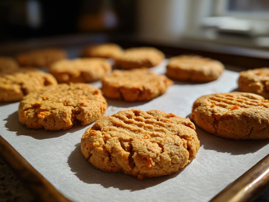 Close-up of freshly baked Carrot Cake Dog Treat Cookies on a baking sheet.