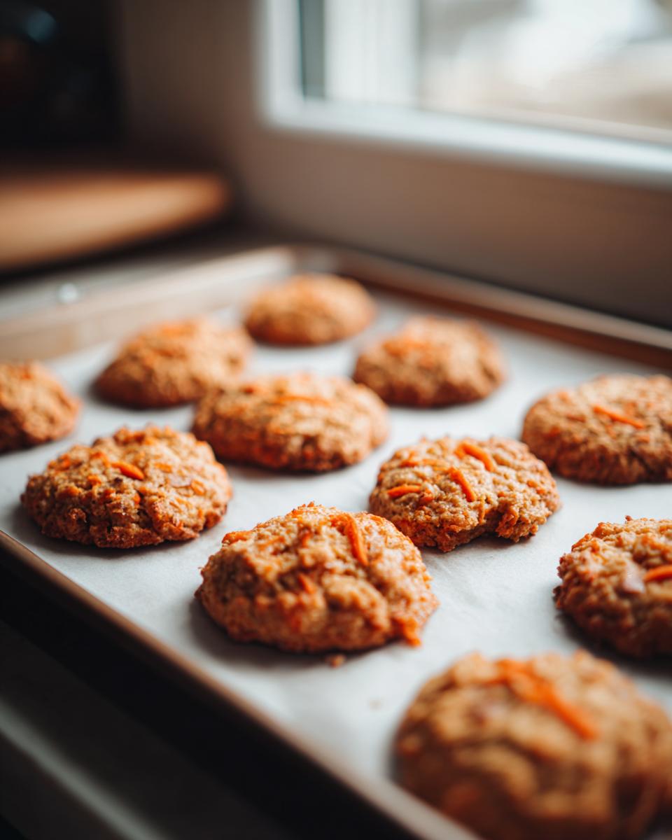 Close-up of freshly baked carrot cake dog treat cookies on a baking sheet.